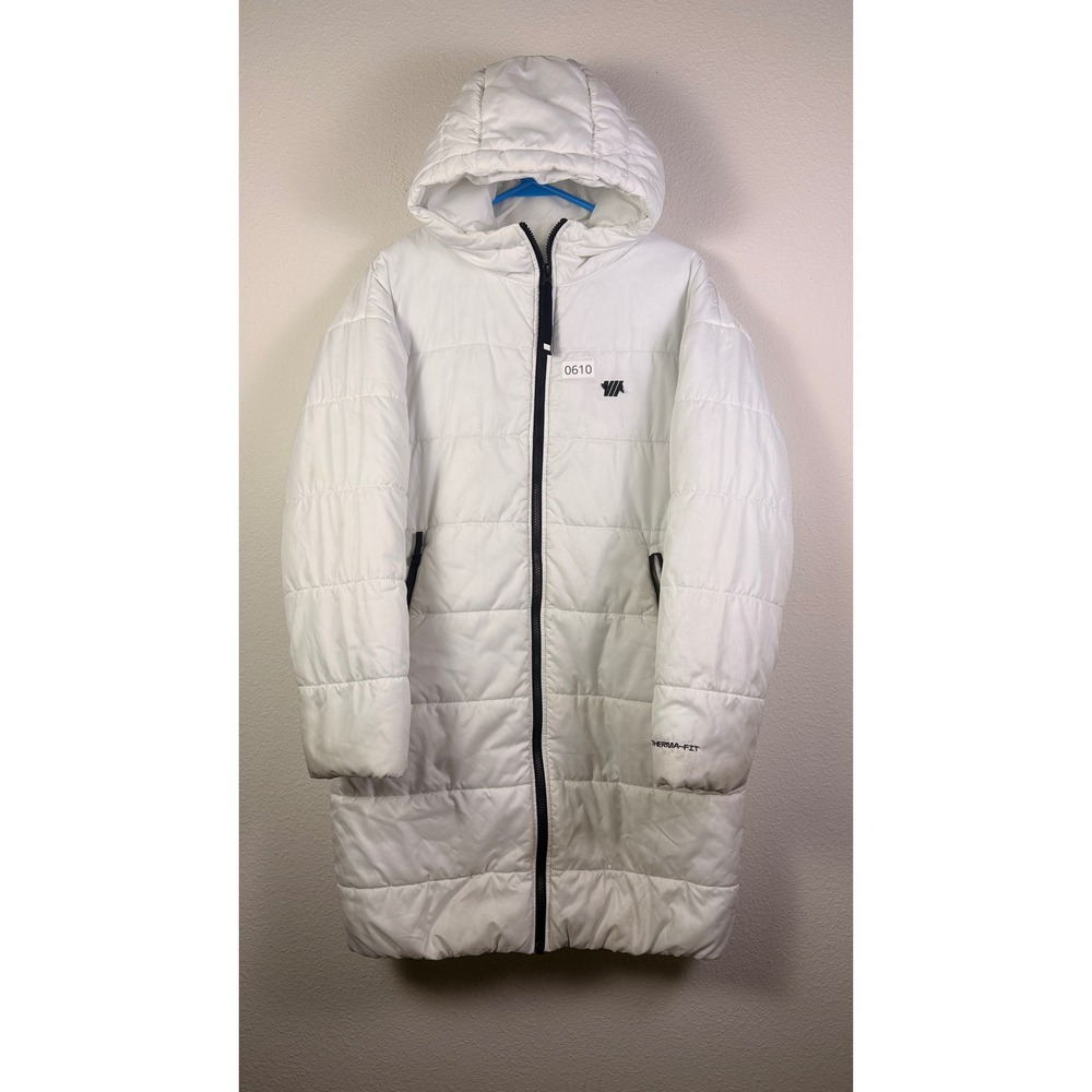 Nike Men's White Hooded Long Puffer Coat Full Zip Pockets Size S (FLAWS)